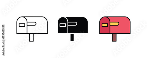 Red residential mailbox icon vector set. Home postal service delivery, traditional letter box, and mail communication symbol.