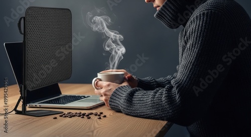 Person Enjoys Hot Coffee at Cozy Desk Setting with Laptop and Beans