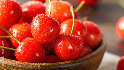 Close up of glistening fresh red cherries with stems attached piled in a wooden bowl