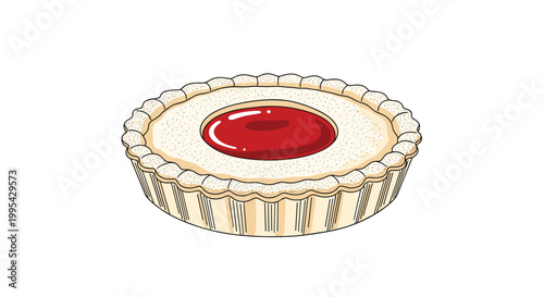 Hand drawn illustration of a classic jam tart with a crimped crust and a bright red fruit filling in the center on a white background.