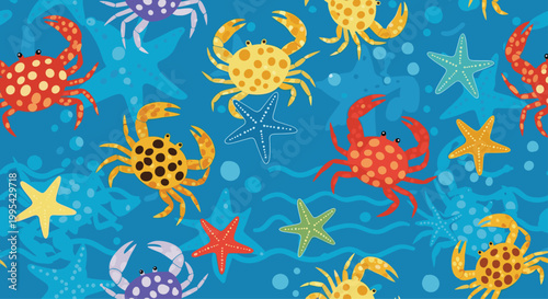 Seamless pattern of colorful crabs and starfish swimming in a blue ocean with stylized water waves and bubbles for summer beach themes.