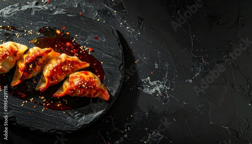 Delicious Szechuan dumplings glistening with spicy chili oil and sesame seeds on a dark slate plate