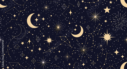 Seamless celestial pattern featuring moons stars and zodiac constellations in a golden color over a dark navy blue night sky background.