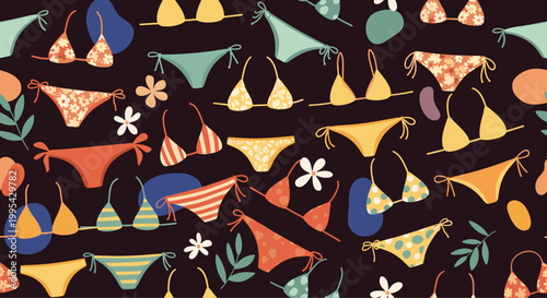 Seamless pattern of different women bikini styles and swimsuits with floral and geometric prints on a dark background for summer fashion.
