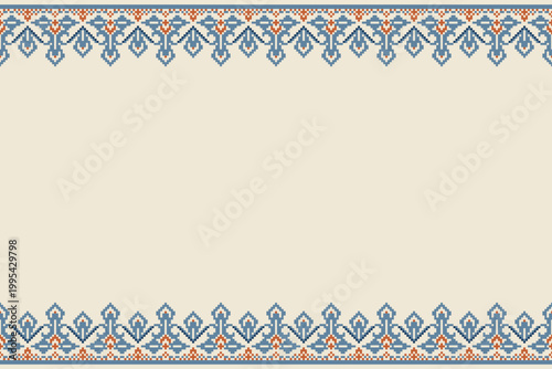 Decorative frame border pattern with symmetrical floral geometric motifs in blue and orange on a soft beige background. Elegant pixel ornament layout designed for textile, fabric, invitation, packagin