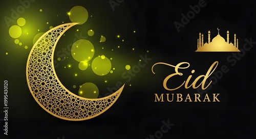Elegant eid mubarak greeting a golden crescent moon and mosque with sparkling lights