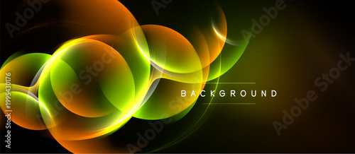 Abstract neon lights create flowing shapes. Vibrant orange, green hues dominate dark background. Modern design element.