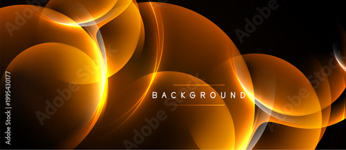Abstract orange glowing shapes overlap black background. Dynamic composition creates modern visual effect. Smooth gradients enhance depth.