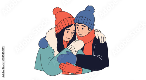 Couple of young man and woman wearing warm winter hats, scarves, and gloves embracing each other warmly in a display of affection.