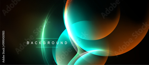 Abstract neon lines create flowing shapes. Dark background emphasizes vibrant turquoise, orange hues. Modern design element.