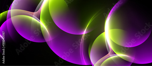 Abstract design features overlapping circles, vibrant purple, lime hues against black background. Smooth gradients create luminous effect.