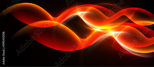 Abstract design features vibrant red, orange curves. Light radiates from central point, creating dynamic visual effect. Dark background enhances luminosity.