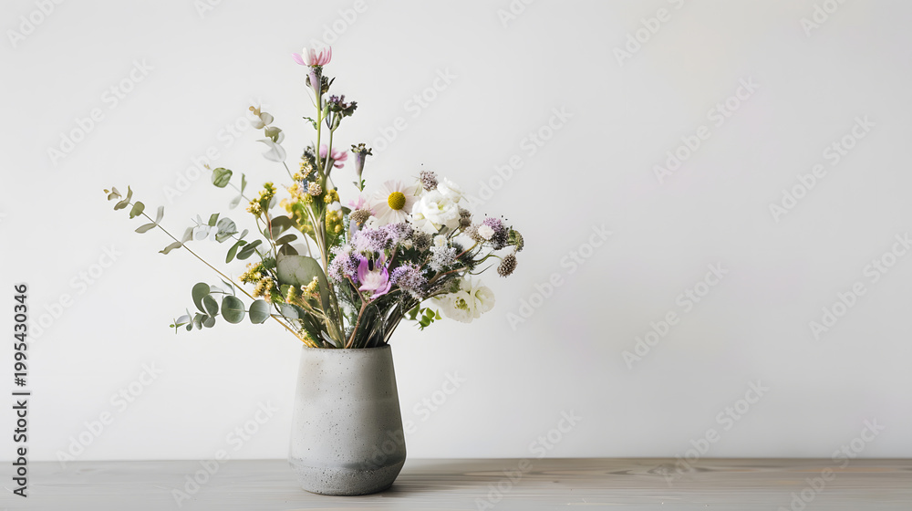 Fototapeta premium Wild Flower Bouquet in Grey Concrete Vase, Minimal Floral Home Interior Background