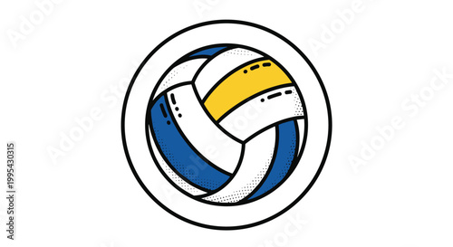 Graphic illustration of a volleyball with classic blue, white, and yellow panels depicted inside a circular border on white background.