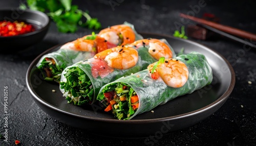 Fresh Vietnamese Spring Rolls with Shrimp and Vibrant Vegetables on a Dark Plate