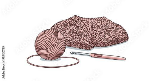 Still life illustration of a partially finished pink knitted garment next to a ball of pink wool yarn and a metal crochet hook.