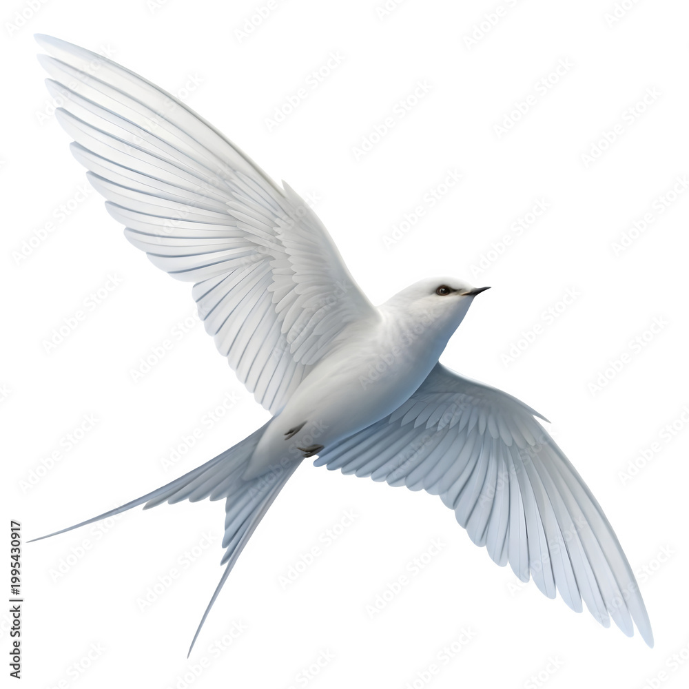 Obraz premium A white bird is flying in the air with its wings spread wide