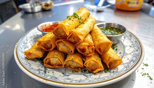 Golden fried spring rolls piled high on a patterned ceramic plate with dipping sauces