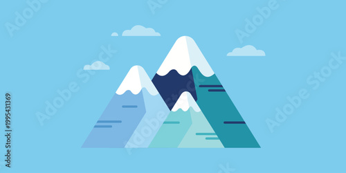 Majestic Peaks: A stylized illustration presents a breathtaking mountain range, where snow-capped peaks kiss the clear blue sky, evoking a sense of serenity and wonder.