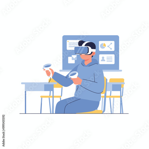 Person Wearing Virtual Reality Headset Engages With Controller.