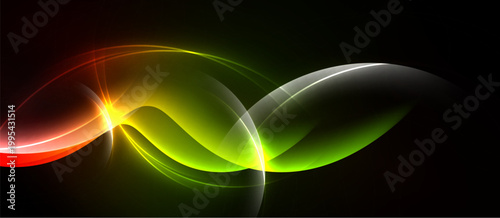 Abstract luminous waves blend, creating vibrant color gradients against dark background. Smooth curves suggest motion, energy.
