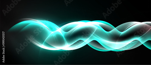 Abstract waves, turquoise glow, dark background. Smooth lines create dynamic energy, modern design element.