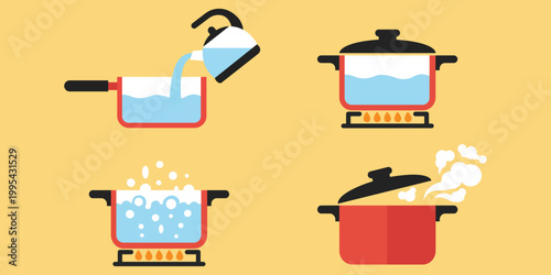 Boiling water process: Illustrated step-by-step cooking process, including pouring, heating, boiling, and steaming.