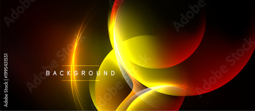 Abstract design features vibrant yellow, orange curves. Dark background emphasizes flowing light shapes, creating dynamic visual effect.