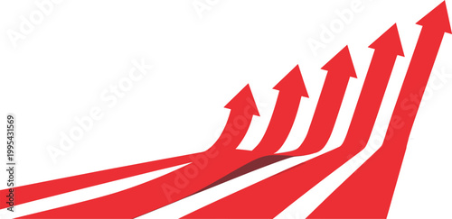 Cuadro en lienzo Five red business arrows in a row slanted pointing up, growth direction concept, upward trend symbols, success and progress indicators, clean minimal corporate vector illustration design