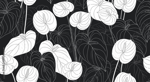 Elegant seamless pattern of white anthurium flowers and leaves set against a dark black background for a sophisticated floral look.