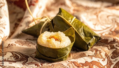 Fragrant sticky rice dumplings wrapped in green lotus leaves reveal savory fillings on a patterned surface