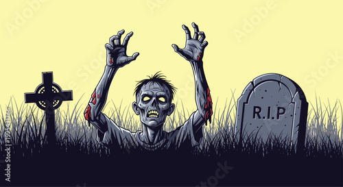 Spooky Halloween illustration of a terrifying zombie with glowing eyes rising from its grave in a cemetery at night with a tombstone.