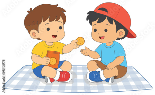 Kids sharing snacks together, friendship and kindness concept