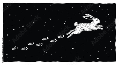Whimsical illustration of a white rabbit leaping through a dark starry night sky leaving paw prints as it travels across the cosmos.