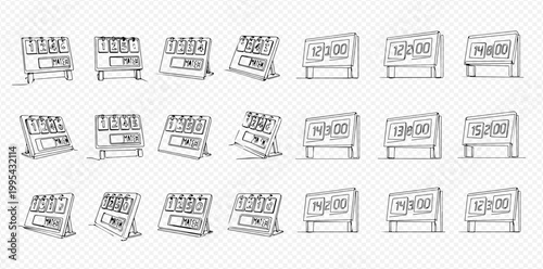 Set of hand-drawn doodle style flip clocks showing various times, isolated on a transparent background, depicting time management and deadlines.