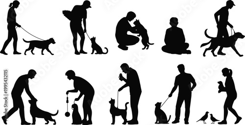 People with pets silhouettes vector collection isolated on white background