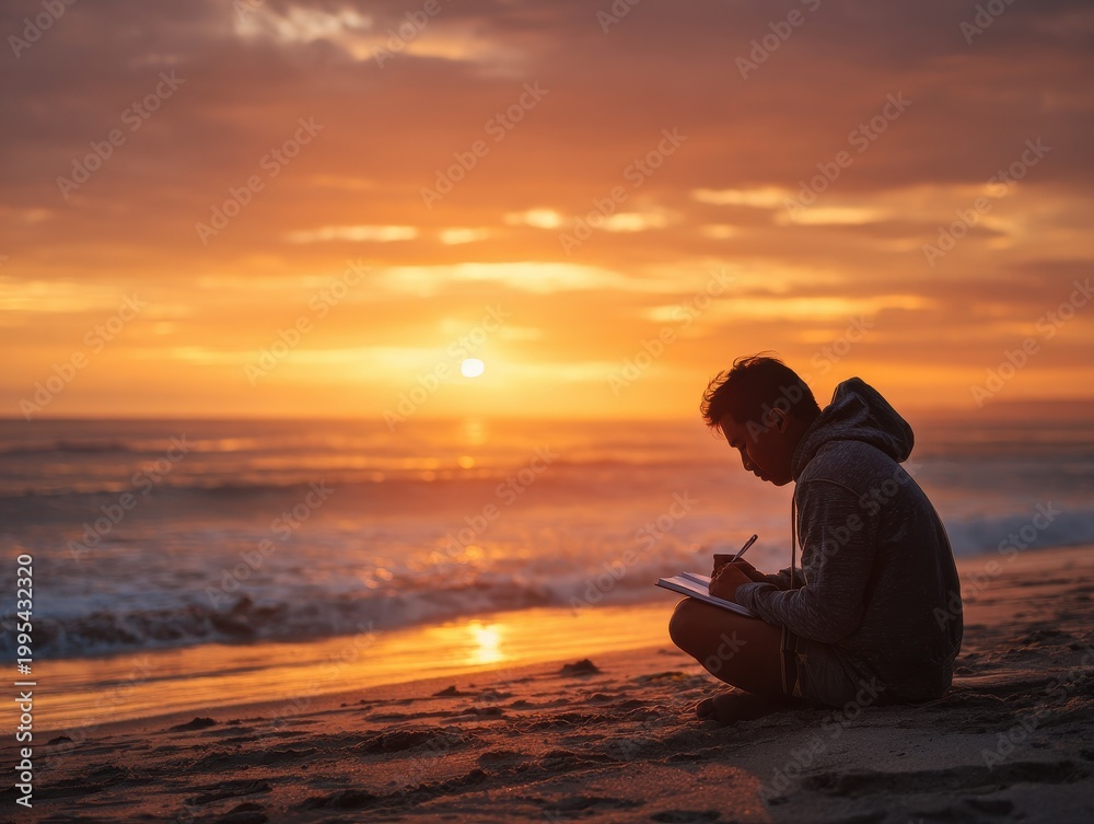 Fototapeta premium Pacific Islander man journaling on the beach during sunrise, reflecting emotionally