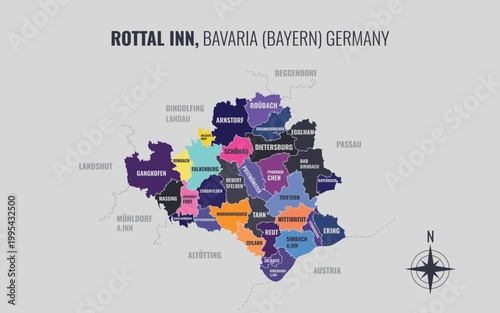 Картината върху платно A map showing Rottal Inn BY Kreise into Gemeinden in a minimalist colorful style