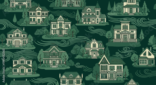 Enchanting seamless pattern of various classical Victorian houses and mansions nestled among trees on a dark green background.
