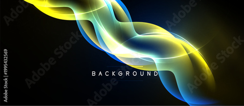 Abstract flowing lines, vibrant colors, yellow, blue, white. Dynamic composition over dark background. Modern design element.