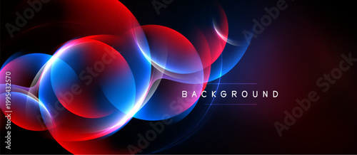 Abstract design features vibrant red, blue glows. Dynamic curves create flowing energy, dark background enhances luminosity.