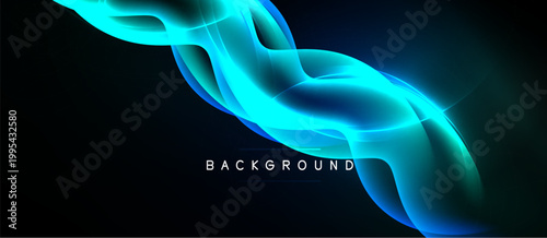 Abstract flowing shapes, vibrant turquoise hues, dark background. Dynamic composition creates modern visual effect. Simple text label present.