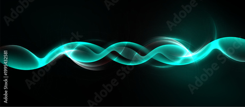 Bright turquoise waves flow across dark background. Smooth curves create dynamic, energetic visual effect. Minimalist design, modern aesthetic.