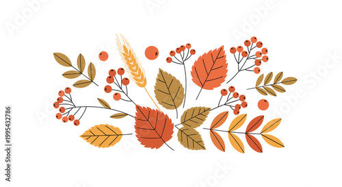 Composition of colorful autumn leaves, berries, and a wheat stalk in warm orange and brown tones for fall seasonal decoration.