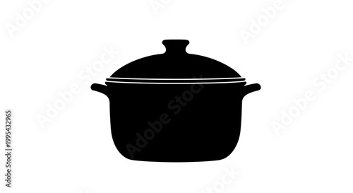 A black silhouette of a covered cooking pot with two handles on a white background