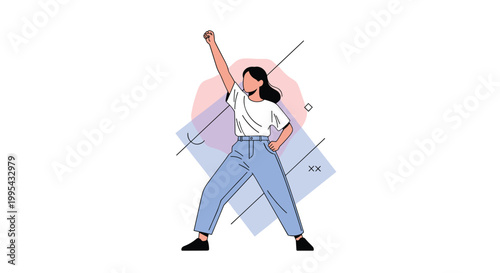 Illustration of a determined woman raising her fist in a gesture of empowerment and strength against an abstract geometric background.