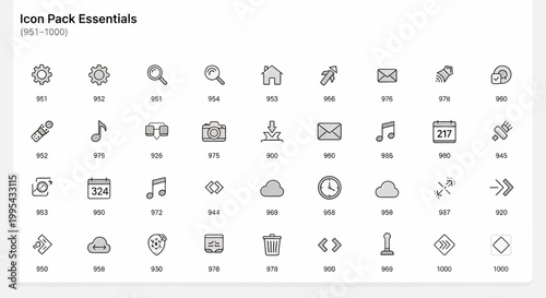 A collection of essential icons in a minimalist design style for use in digital applications