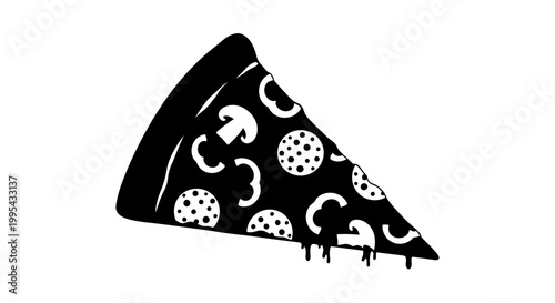 A black and white vector graphic illustration of a slice of pizza with melted cheese and toppings