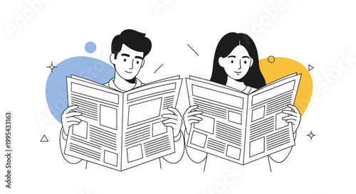 Illustration of a man and a woman sitting side by side and reading newspapers with blue and yellow abstract shapes in the background.