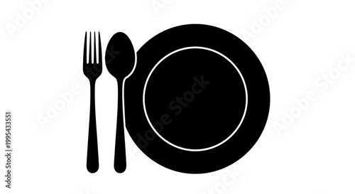 A minimalist vector graphic of a plate with utensils, representing dining and meal preparation